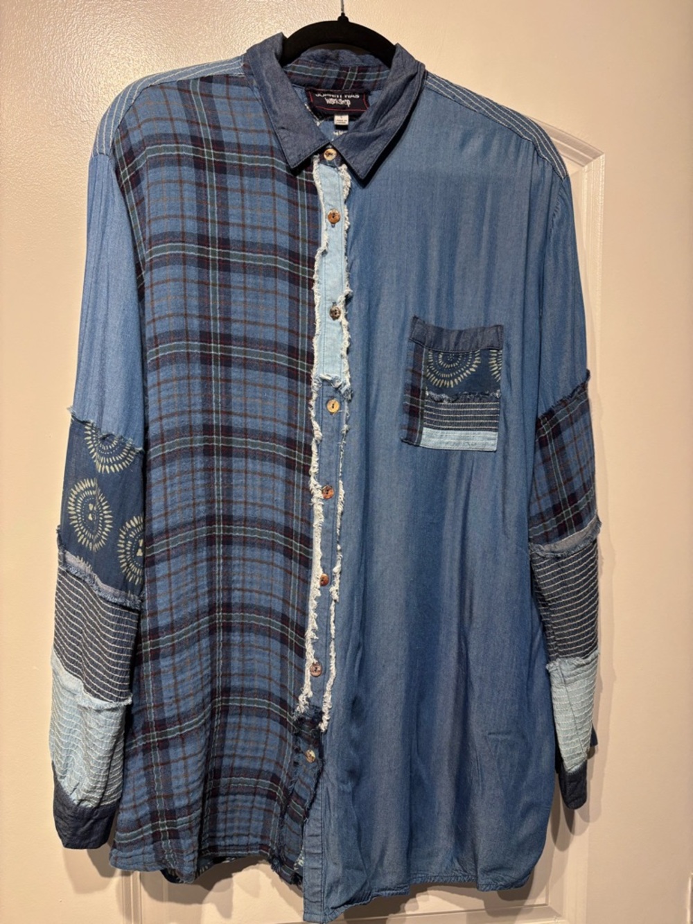 Johnny Was Workshop Blue Patchwork Denim & Plaid Button-Down